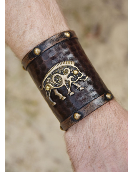 Wild boar Celtic bracelet, brown leather