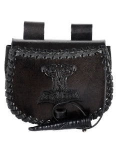 Viking bag Thor's hammer in black leather, to be worn on...