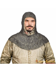 Classic chain mail coif with riveted flat ring
