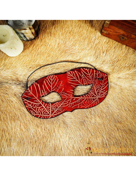 Red leather mask with embossed maple...