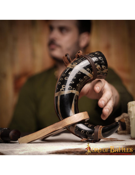 Drinking horn with leather cord