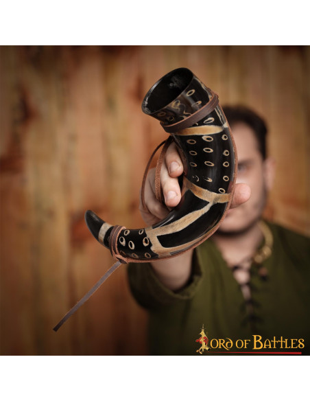 Drinking horn with leather cord