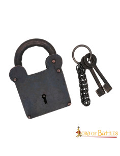 Square medieval padlock with keys, wrought iron