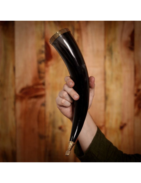 Viking drinking horn with brass...