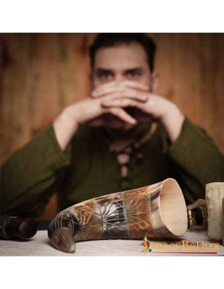 Viking ox drinking horn with engraved...