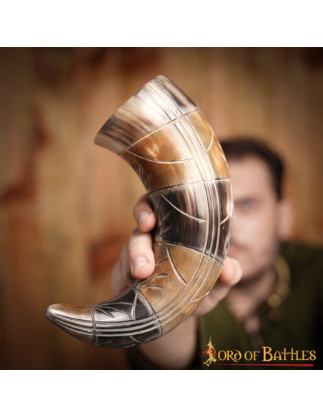 Viking ox drinking horn with engraved...