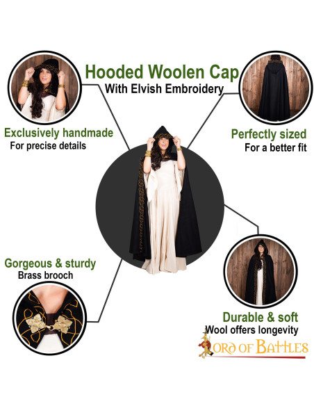 Elven wool cloak with hood and brass...