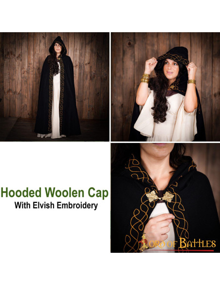 Elven wool cloak with hood and brass...