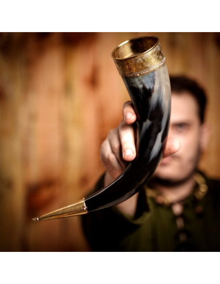 Viking drinking horn with brass...
