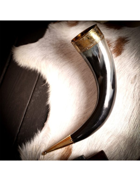 Viking drinking horn with brass...