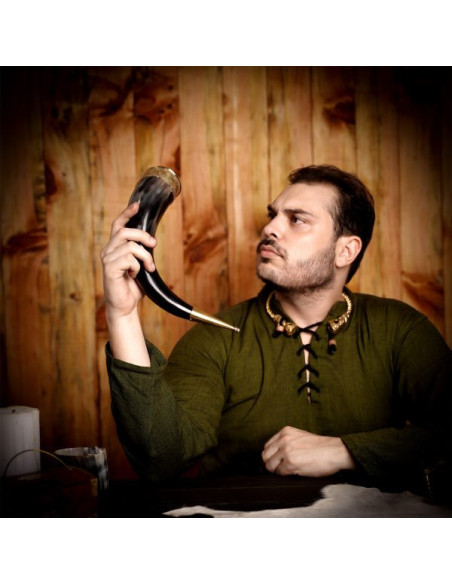 Viking drinking horn with brass...