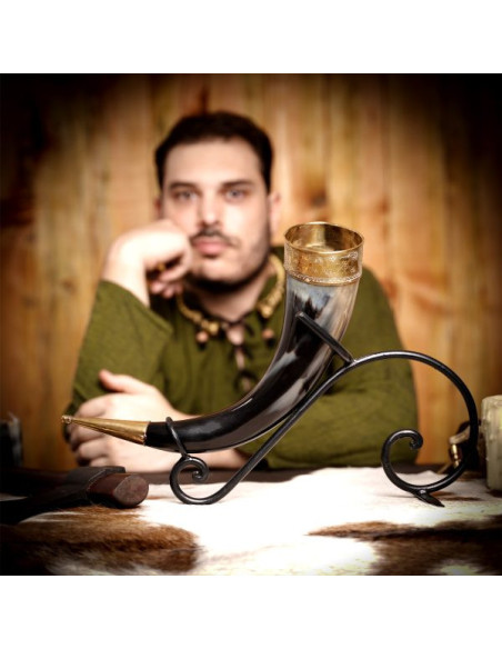 Viking drinking horn with brass...