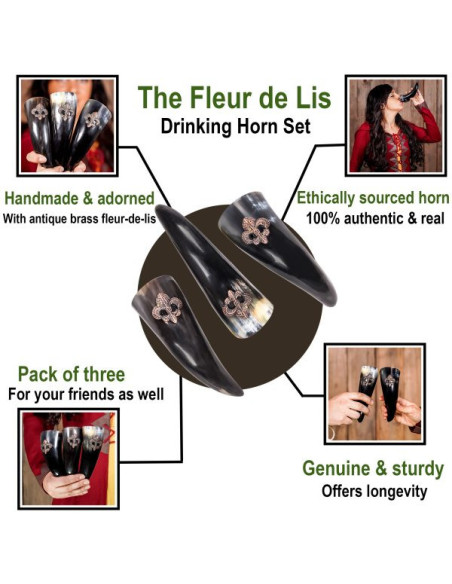 Set of 3 Viking drinking horns Fleur...