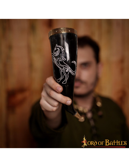 Viking horned stallion on ox horn