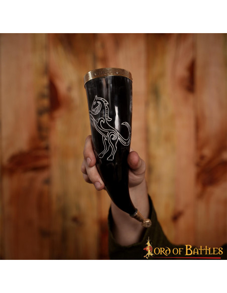 Viking horned stallion on ox horn