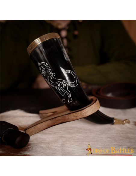 Viking horned stallion on ox horn