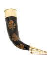 Drinking horn with charred flecks and brass fittings