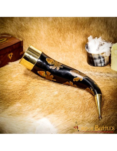 Drinking horn with charred flecks and brass fittings ⚔️ Medieval Shop
