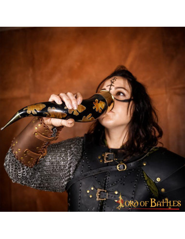 Drinking horn with charred flecks and brass fittings ⚔️ Medieval Shop