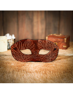 Brown leather mask with embossed maple leaf motifs