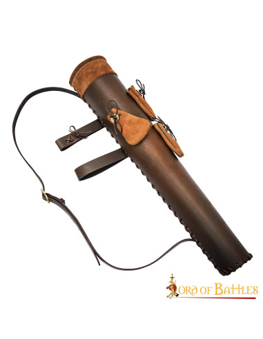 Brown leather quiver with arrowhead pouches (60 cm.)