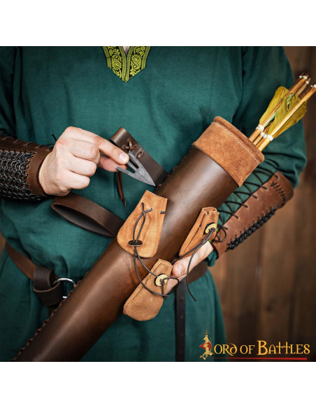 Brown leather quiver with arrowhead...