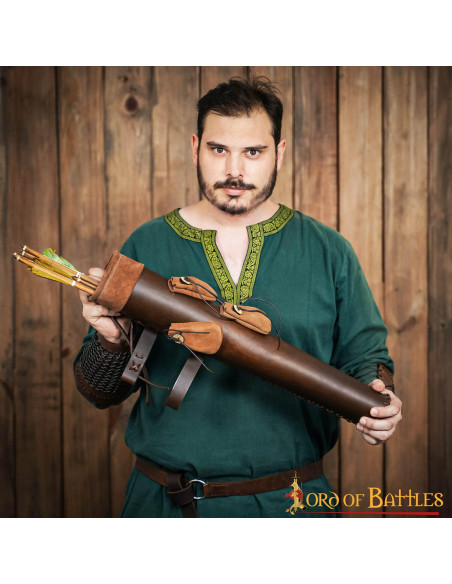 Brown leather quiver with arrowhead...