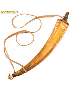 Hand-carved horn powder box and leather strap