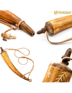 Hand-carved horn powder box and leather strap 2