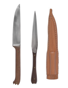Set 2 medieval cutlery with leather cover - wooden handle