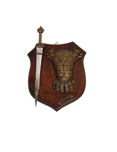 Panoply of weapons with gladius sword and Roman lorica...