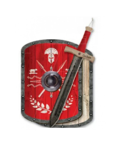 Red Roman set for children wooden shield and sword
