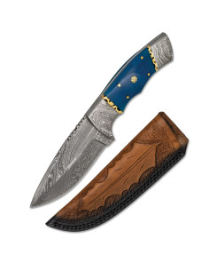 Blue bone sports knife in Damascus steel with sheath