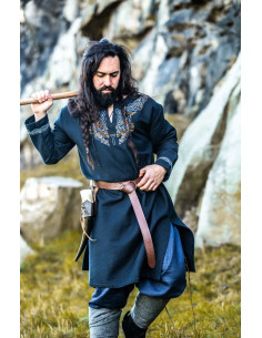 Snorri Viking Tunic with Urnes Style Hand Embroidery, Black