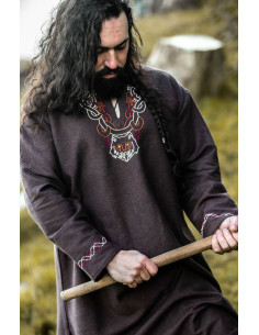 Viking tunic with Freki embroidery, brown