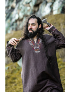 Viking tunic with Freki embroidery, brown 2