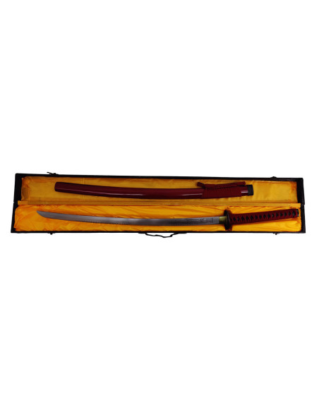 Red decorative katana with wooden box...