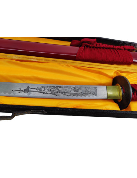 Red decorative katana with wooden box...