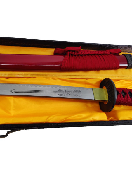 Red decorative katana with wooden box...