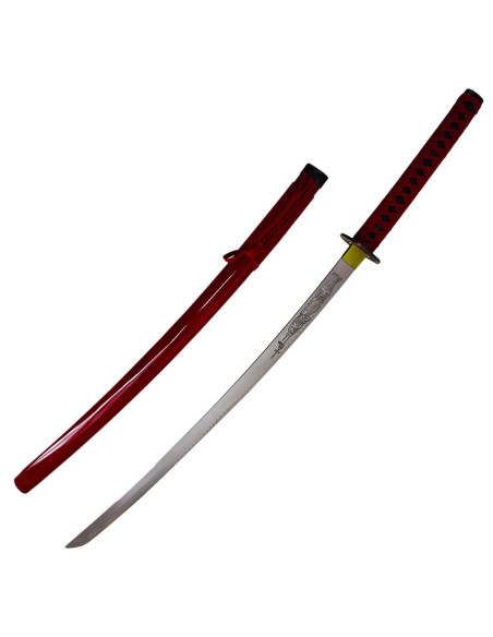 Red decorative katana with wooden box...