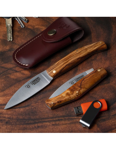 Cudeman hunting knife, natural olive handle (with sheath)