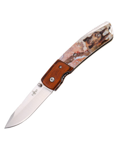 Hunting knife, Wild Boar 2 design, wood and ABS handle (total 19 cm.)