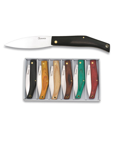 Set of 6 colored knives with piston lock, 7 cm blade.
