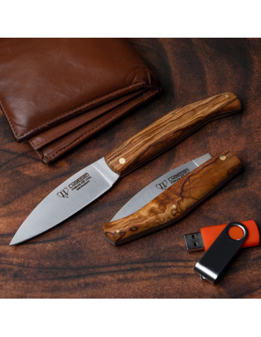 420 steel knife, olive handle, blade 9 cms.