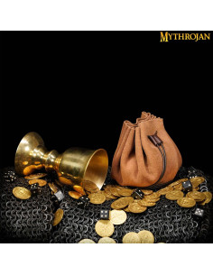 Medieval bag for recreations, gold and dice - light brown