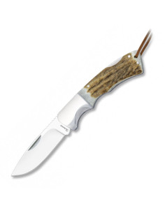 Deer antler handle knife and steel bolster, blade 8 cm.