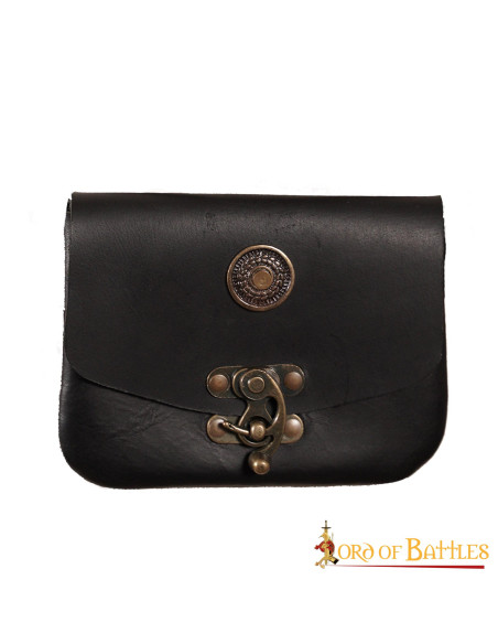 Black medieval leather bag with brass...