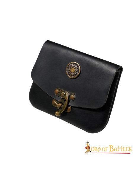 Black medieval leather bag with brass...