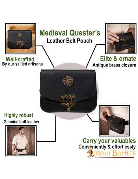 Black medieval leather bag with brass...