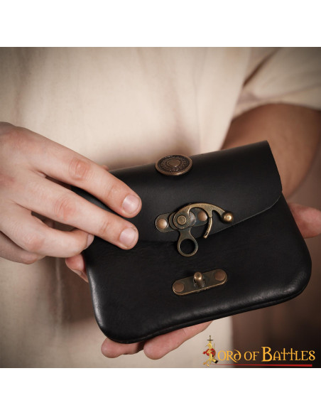 Black medieval leather bag with brass...